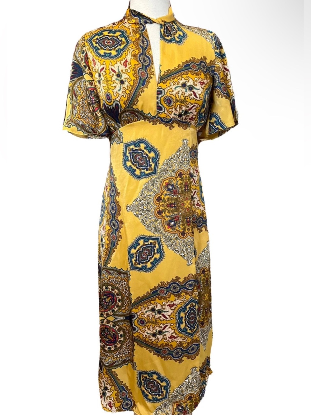 NWT Zara Gold Yellow Paisley Floral Long Satin Key Hole Dress w/ Side Slit - XS